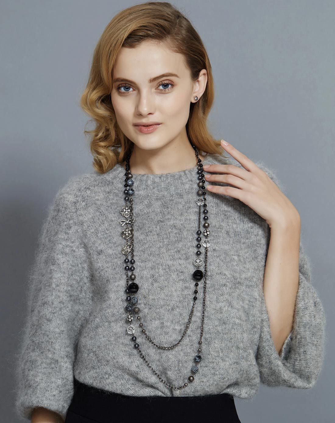 英国潮流martine wester黑色低调优雅蝴蝶结天然矿石双层长项链w8-062