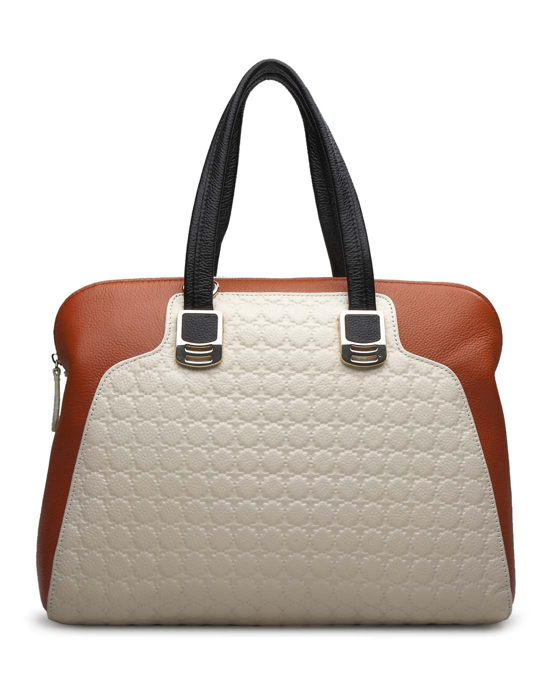 女款米白色牛皮革复古压花手提包