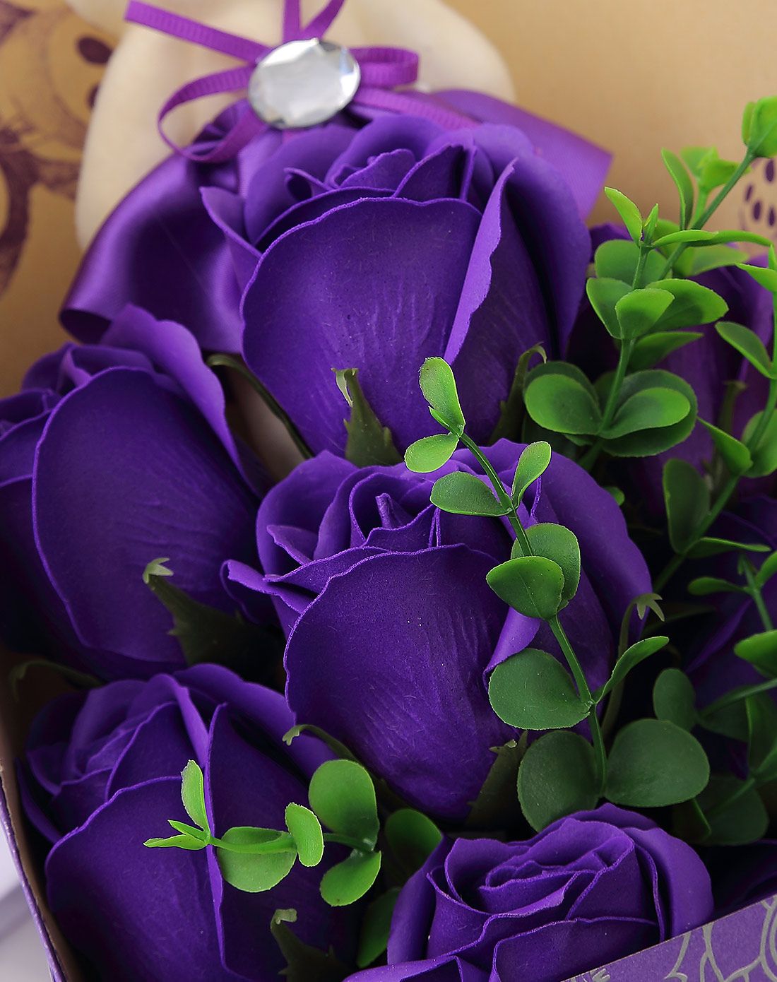 jm家装高品9朵加熊香皂玫瑰花创意长方形礼盒(紫色)