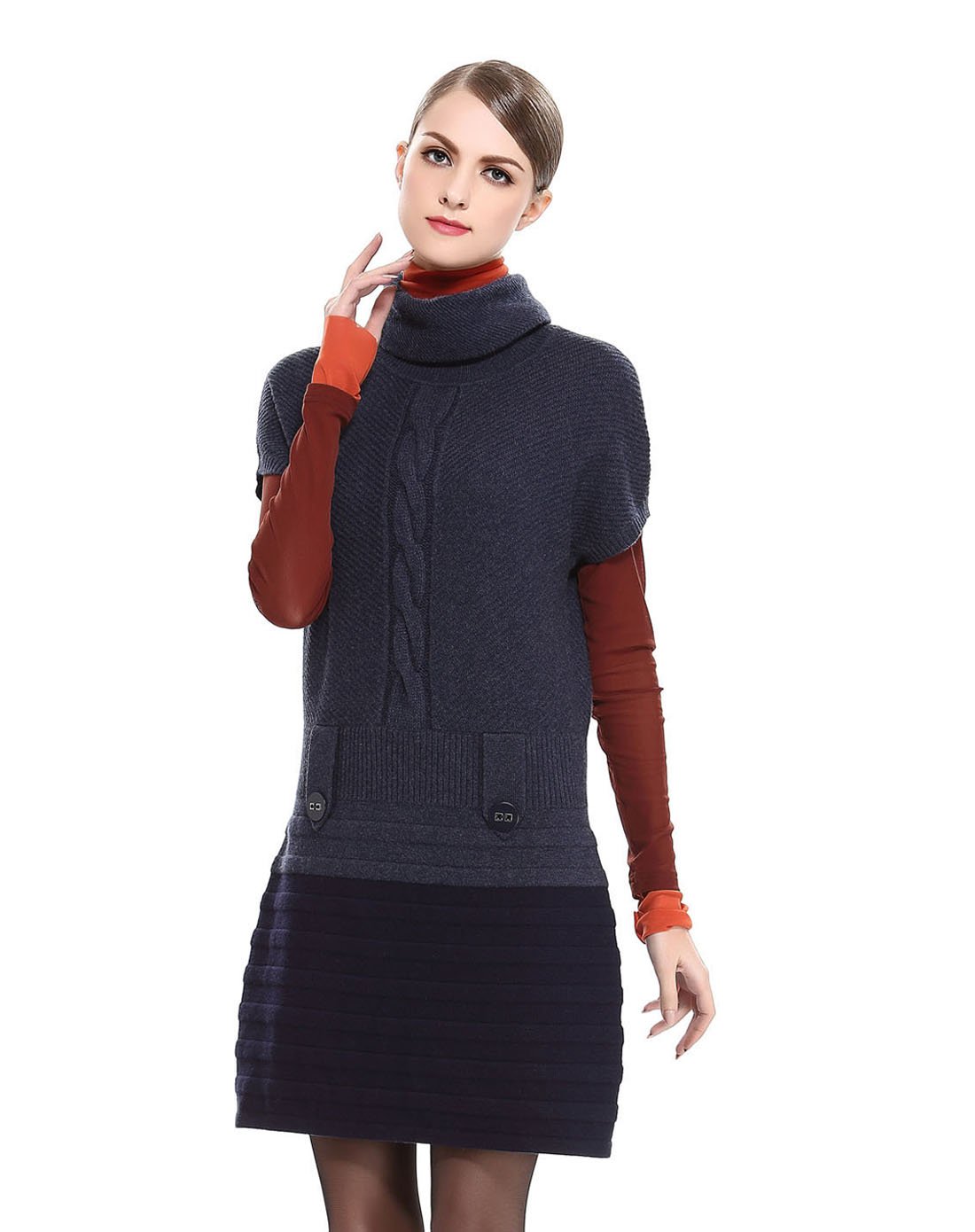 jetezo 灰蓝色高领舒适修身针织连衣裙522627e52_唯品会