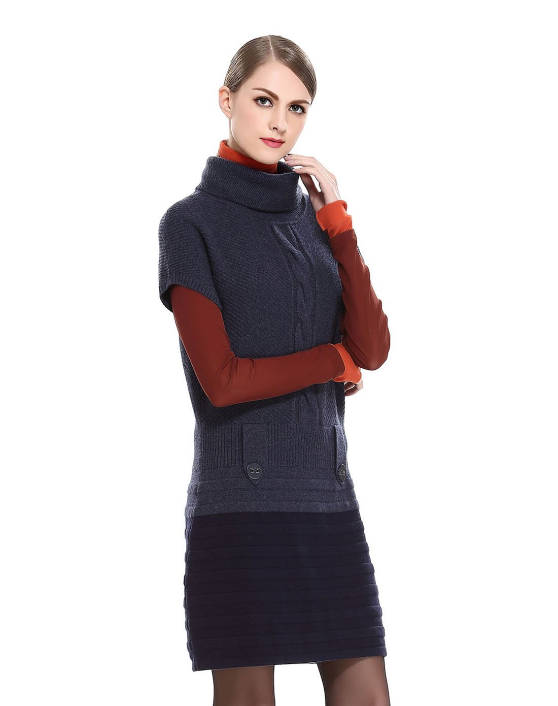 jetezo 灰蓝色高领舒适修身针织连衣裙522627e52_唯品会