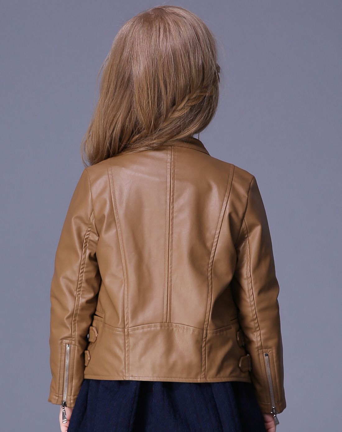 女童深卡其皮衣外套