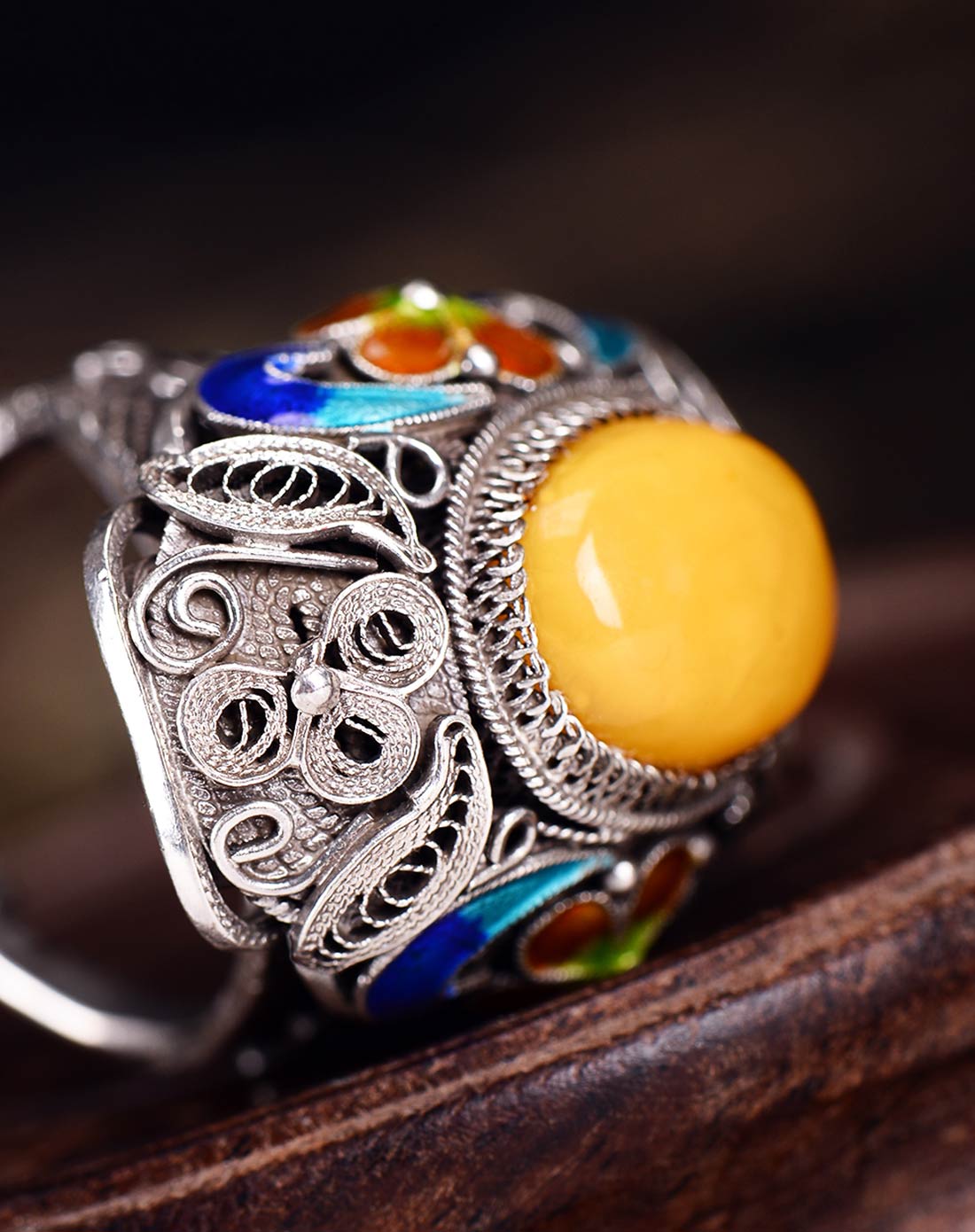 非物质遗产传承手艺 银掐丝珐琅凝脂蜜蜡花丝开口戒指 送证书