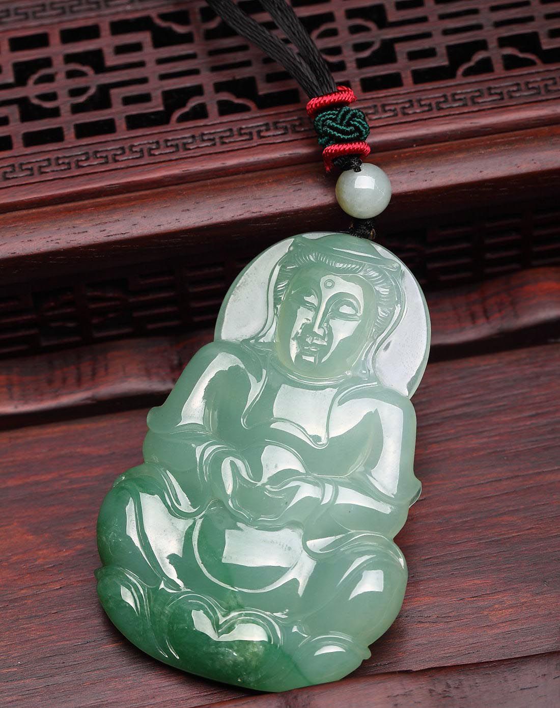 天然a货冰种油青翡翠宝瓶观音吊坠