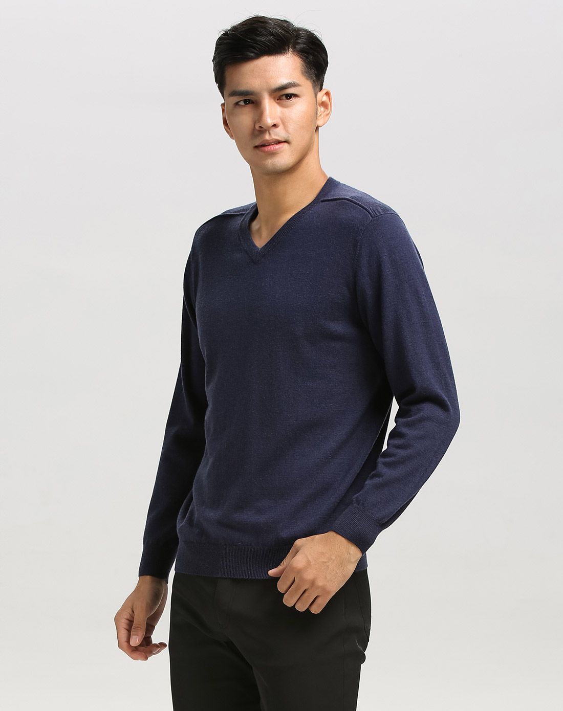 男士v领青兰色长袖羊毛衫