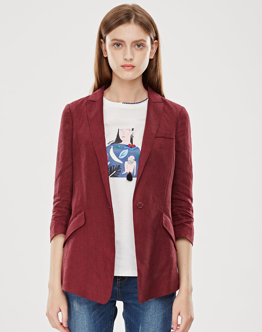 绛红亚麻中袖西服小外套