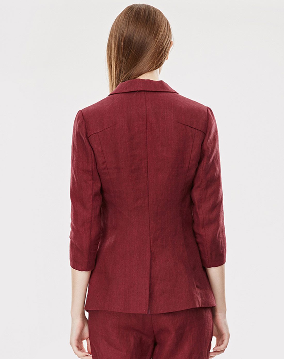 绛红亚麻中袖西服小外套