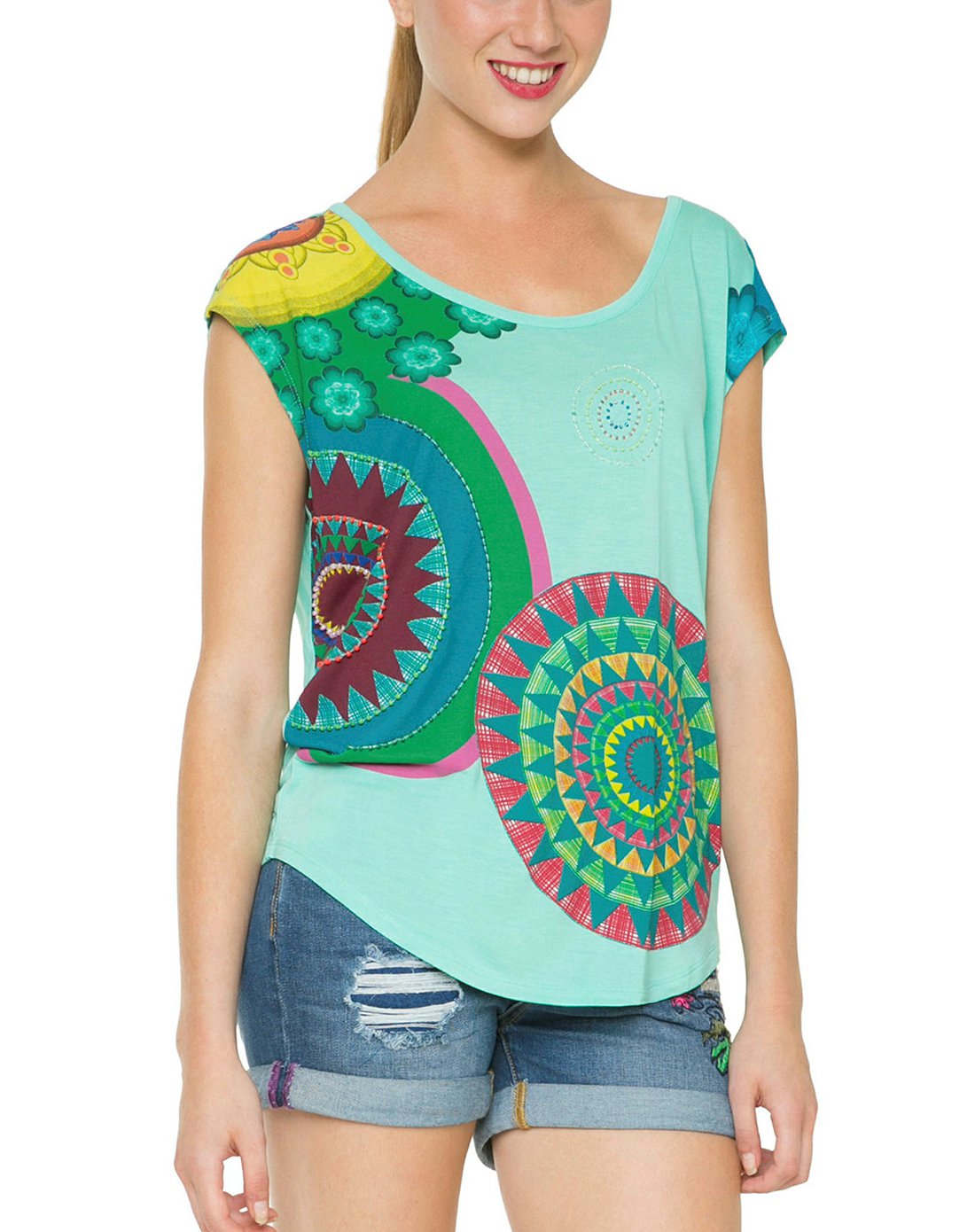 desigual女款薄荷绿色曼陀罗印花圆领上衣