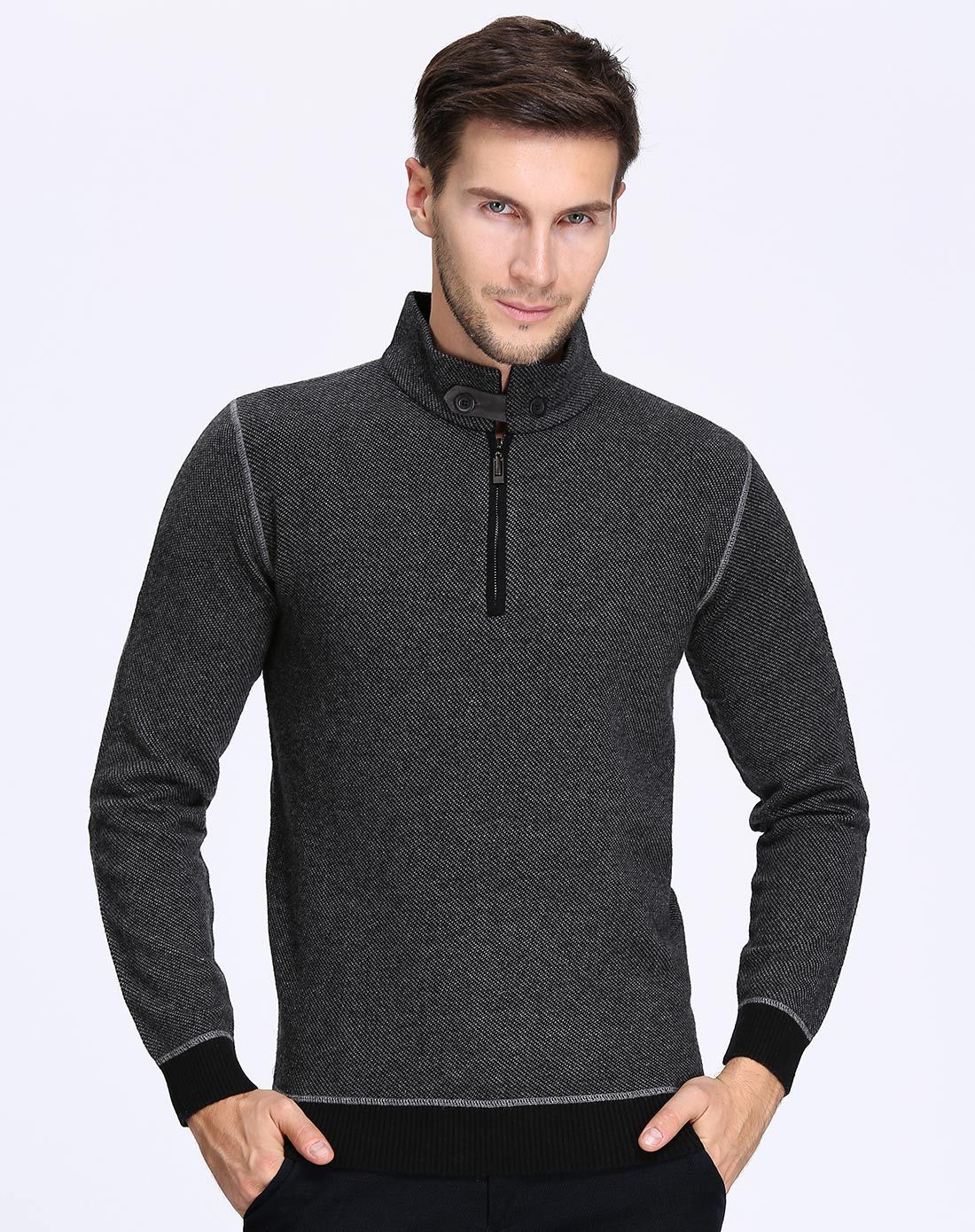 男款浅灰间黑色成熟稳重拉链长袖羊毛衫