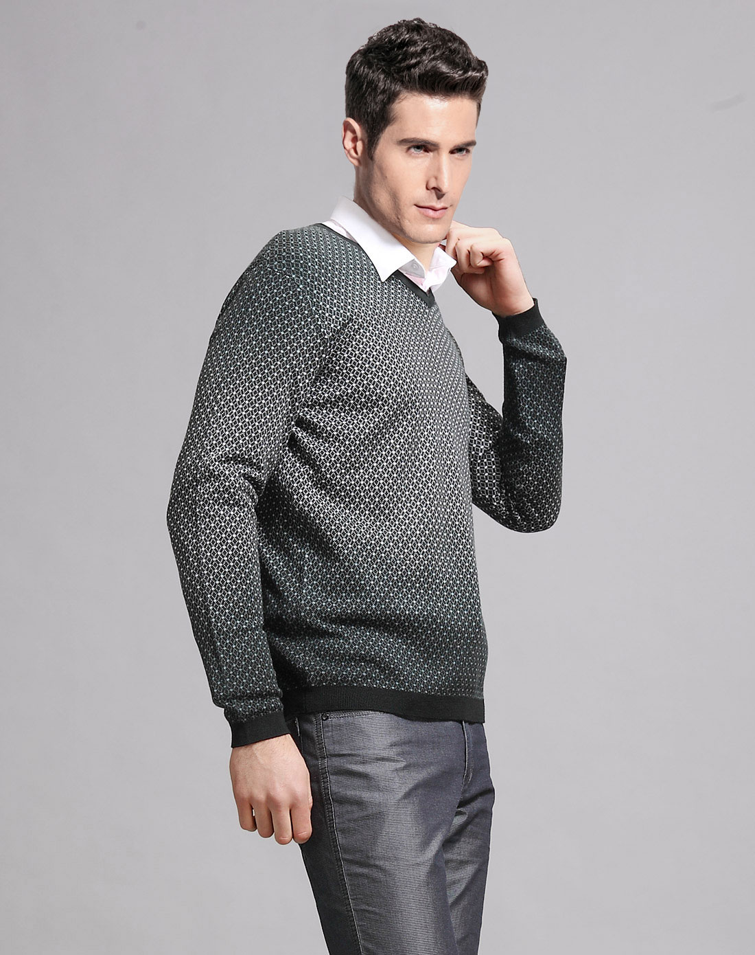 太子龙tedelon暗绿/多色v领千鸟格休闲针织衫tl11sw007300_唯品会