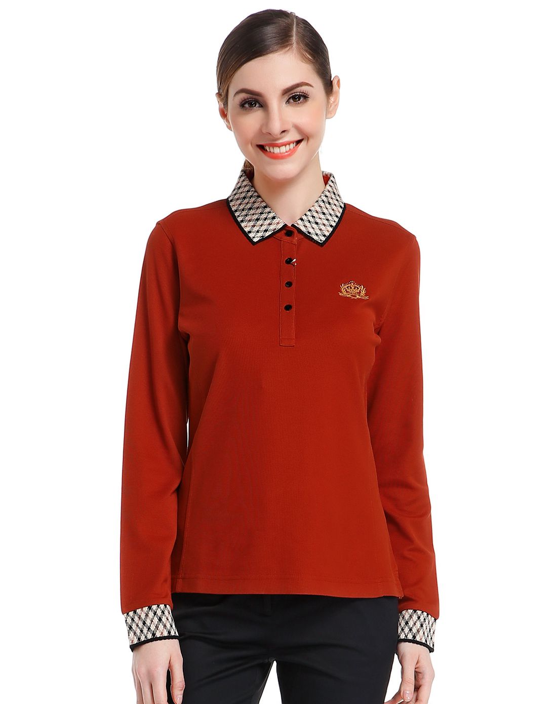 深朱红色怀旧翻领长袖针织t恤