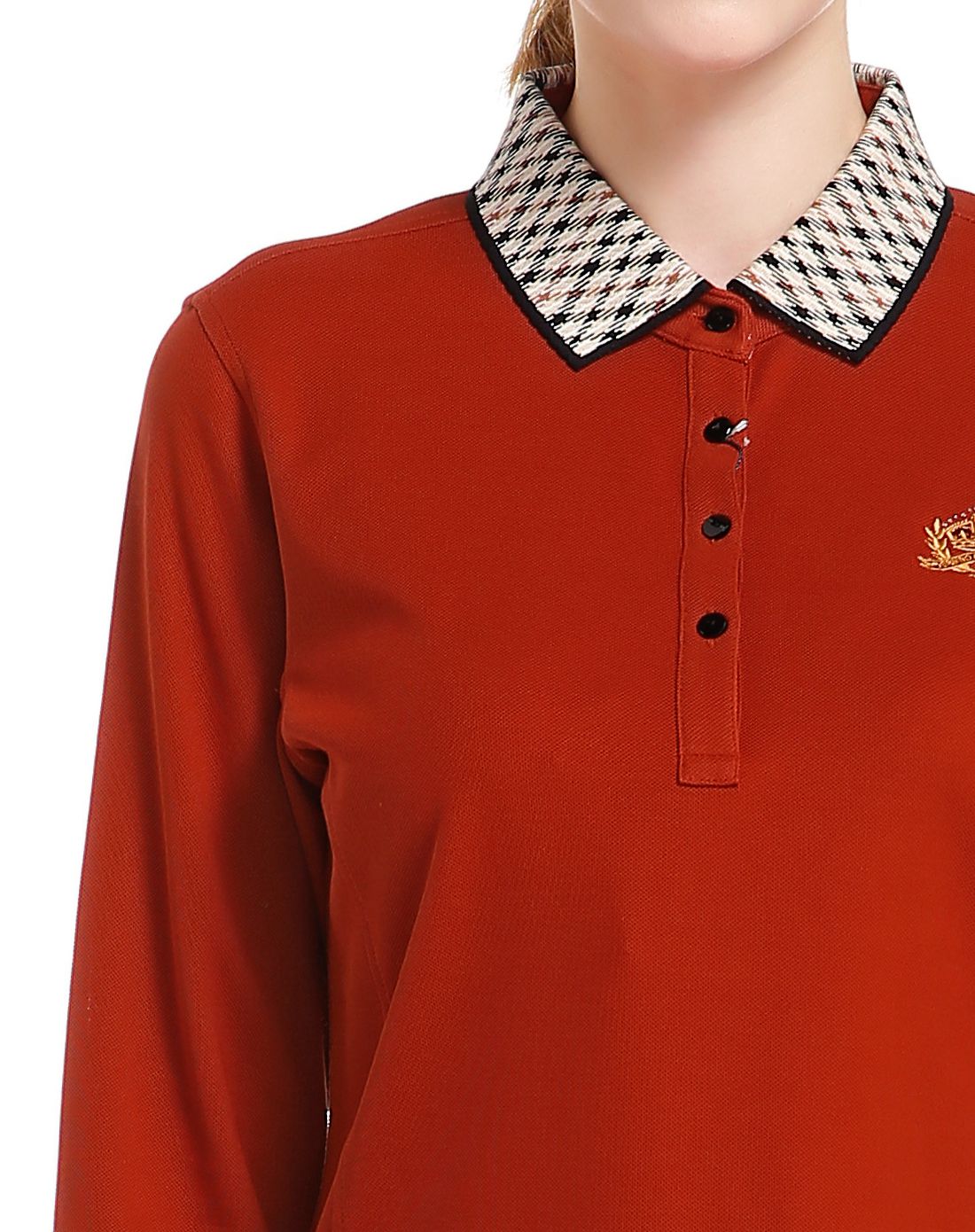 深朱红色怀旧翻领长袖针织t恤