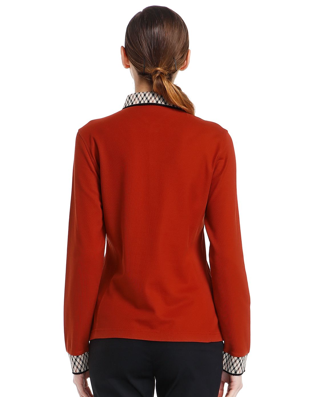 深朱红色怀旧翻领长袖针织t恤