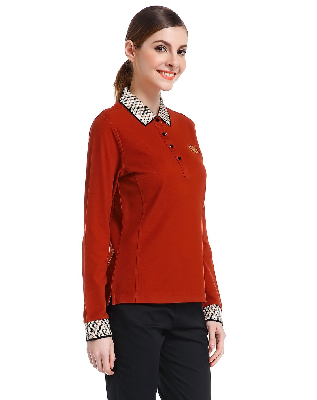 深朱红色怀旧翻领长袖针织t恤