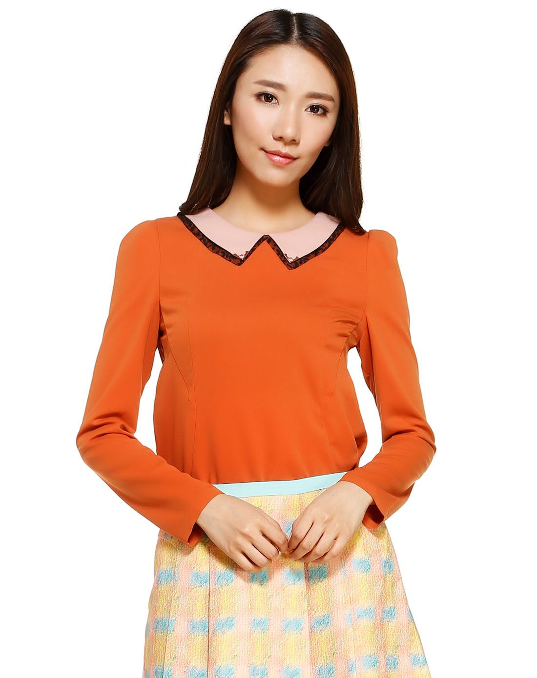 暗橙色淑女斯文长袖衬衫