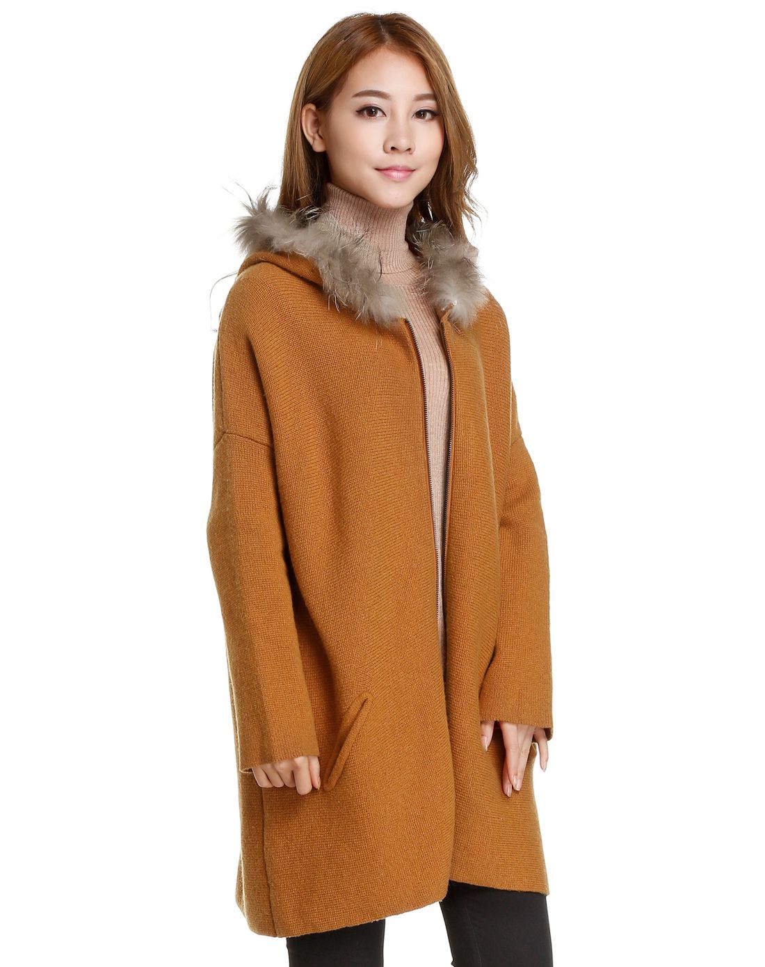 暗橙色简约长袖针织外套