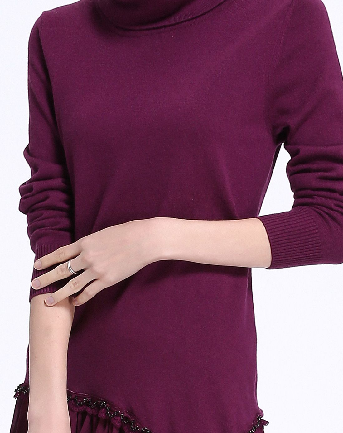 超细美丽诺羊毛紫酱红真丝下摆套衫