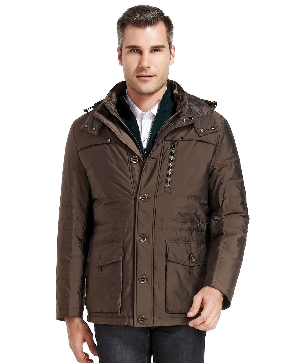 卡尔丹顿kaltendin&爵度gentle男装深咖啡色时尚钮扣长袖羽绒服kawb