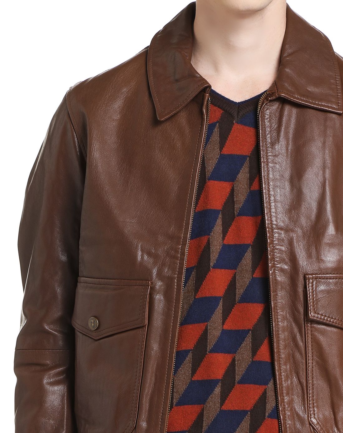 tru trussardi男款棕褐色拉链翻领羊皮外套