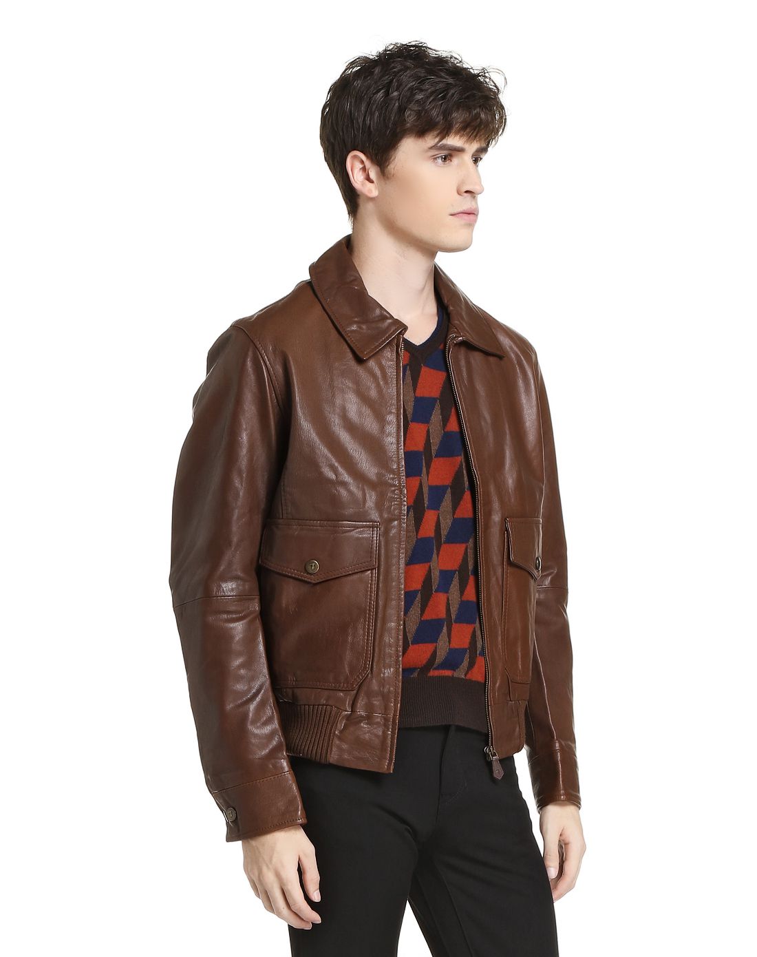 tru trussardi男款棕褐色拉链翻领羊皮外套