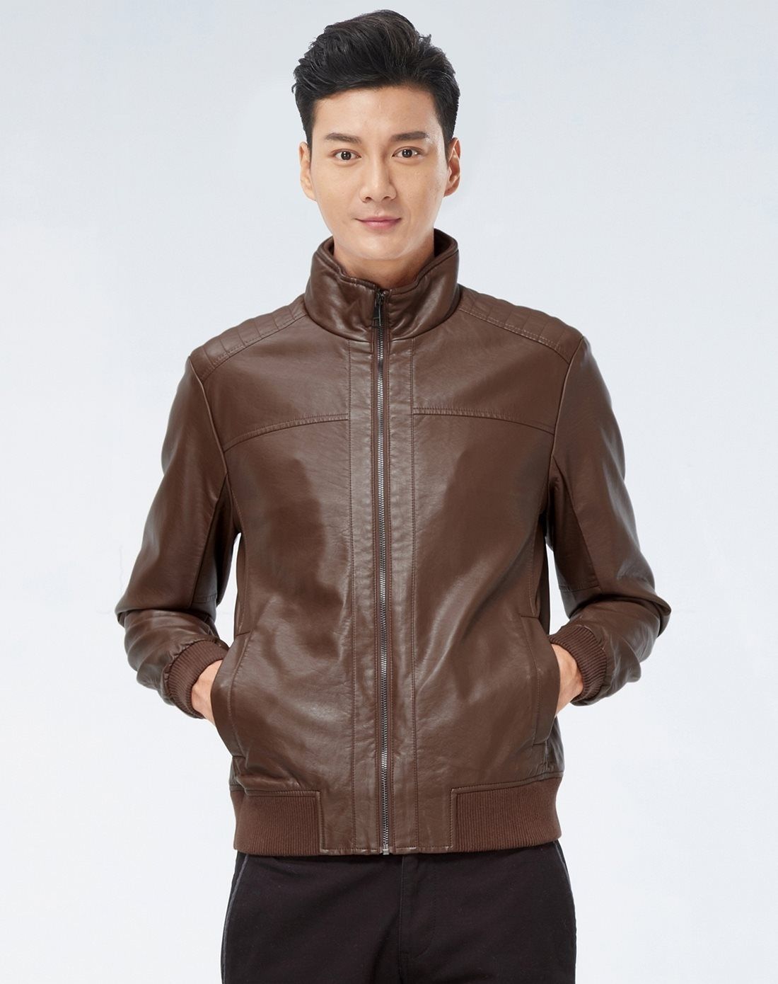 棕色人造革全开襟修身半高领皮衣外套