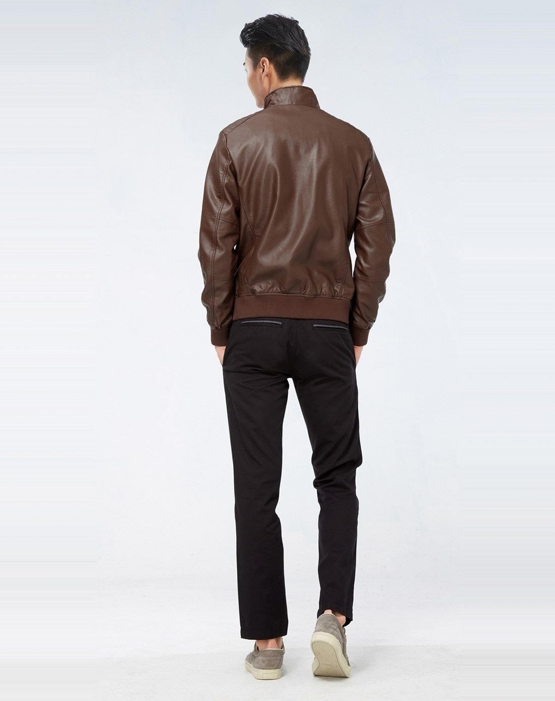 棕色人造革全开襟修身半高领皮衣外套