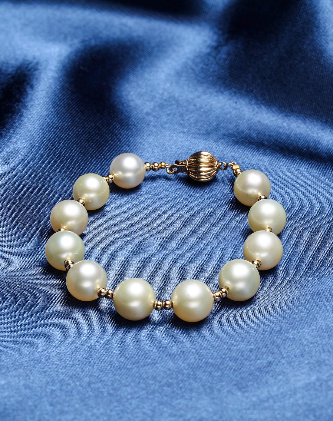 9-10mm正圆浅色珍珠14k金扣手链(附国检证书)