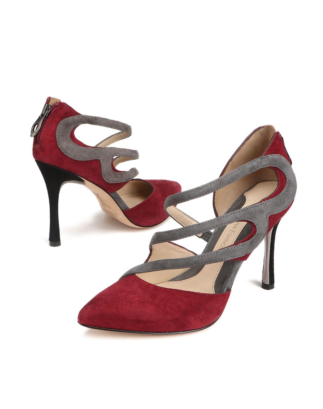 红灰色绒面尖头高跟鞋