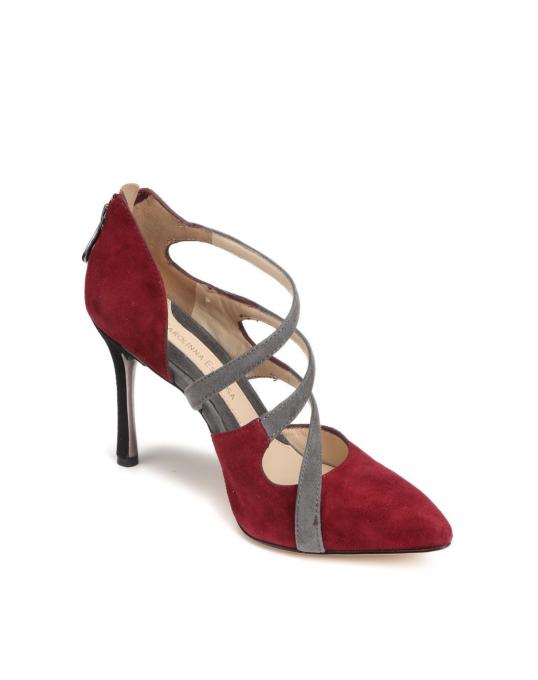 红灰色绒面尖头高跟鞋