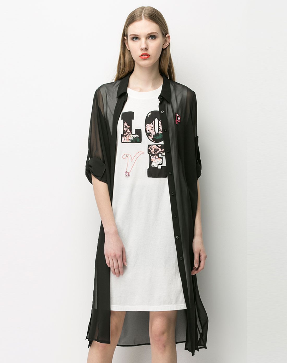 侧缝开叉长款雪纺衬衫