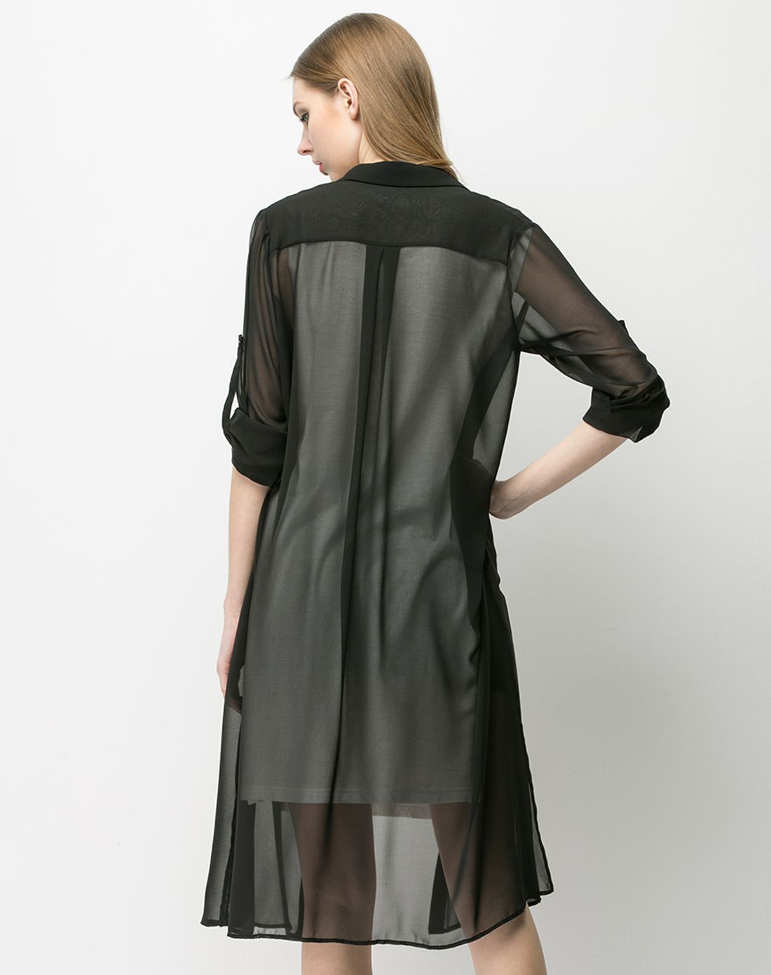 侧缝开叉长款雪纺衬衫