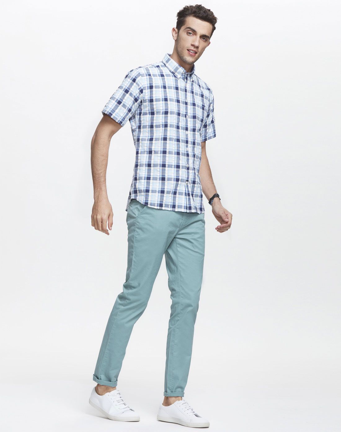 丹麦wagner旗下集合品牌黑蓝白格子拼色棉质休闲舒适男士衬衣80