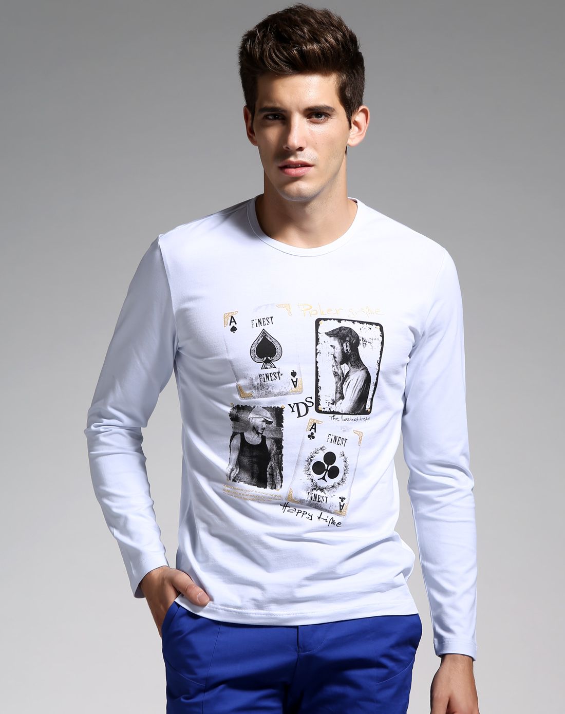 白色个性潮男修身长袖t恤