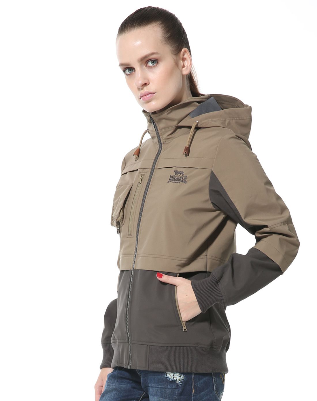龙狮戴尔lonsdale户外潮搭服饰专场防风透气 拼色修身 女款卡其/炭灰