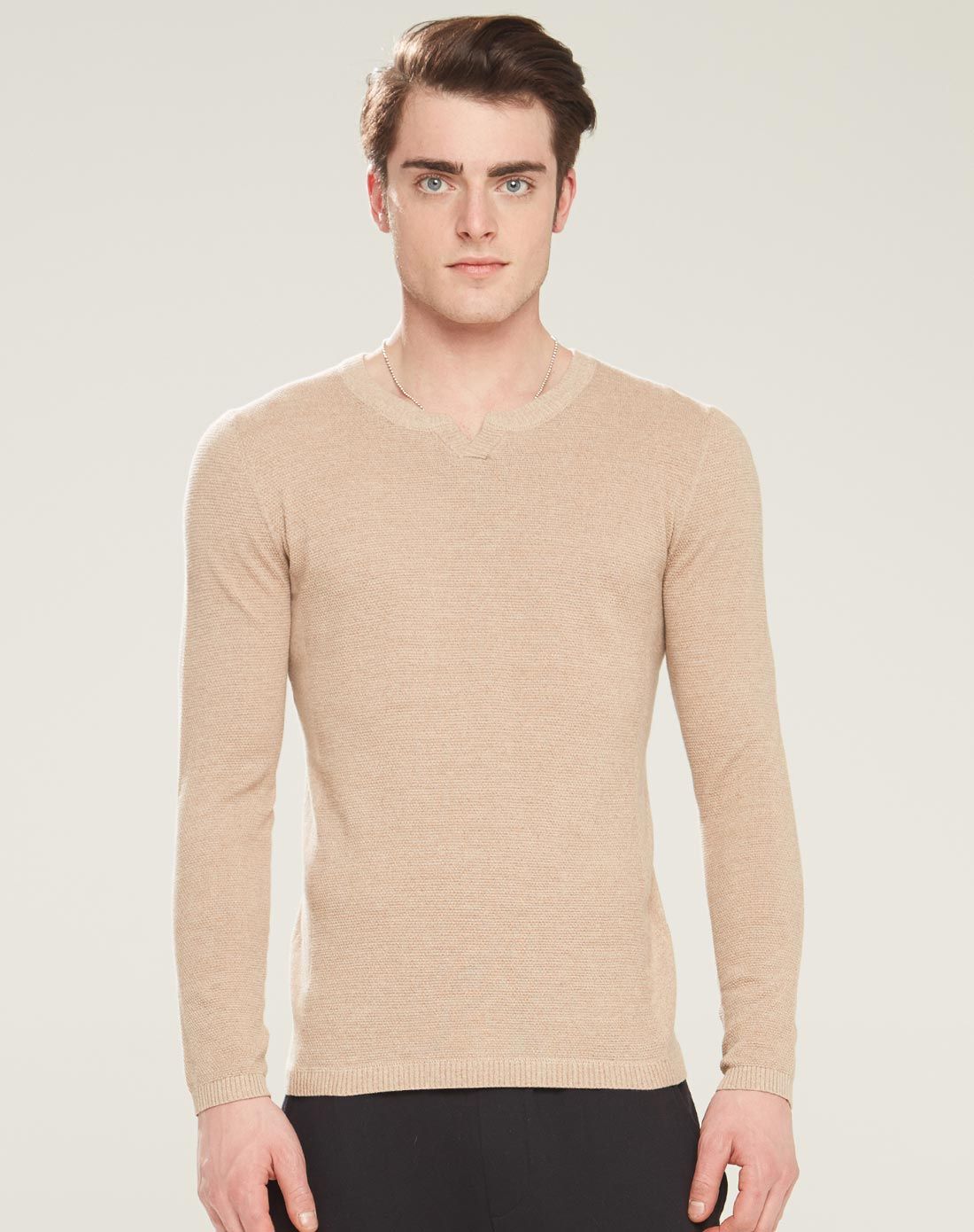 浅卡其休闲纯色半开领薄款长袖毛衫