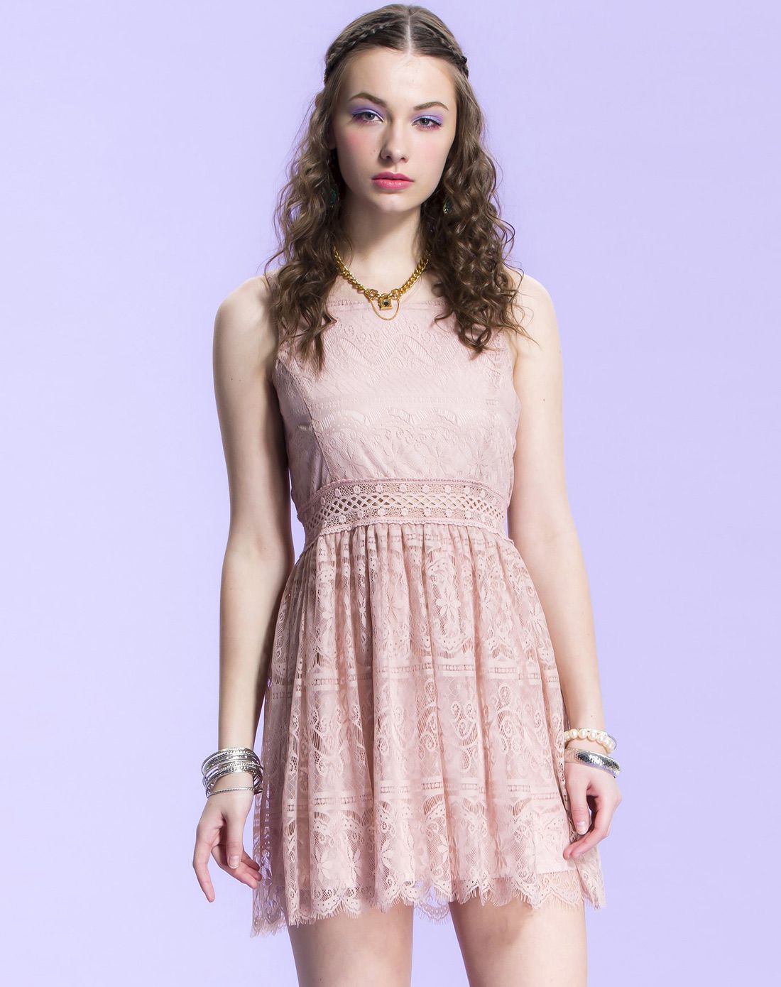 女款淡玫红色蕾丝无袖连衣裙