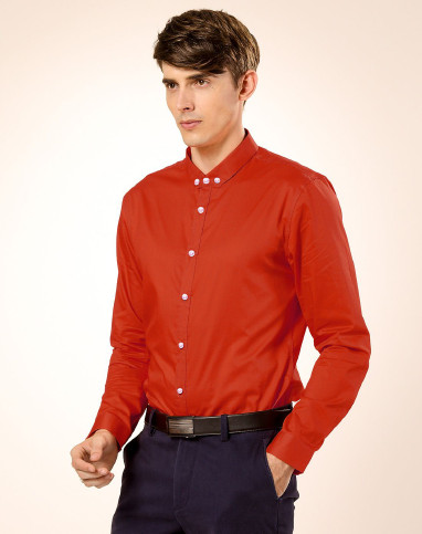 精湛工艺 纯棉修身 男款桔红色长袖衬衫