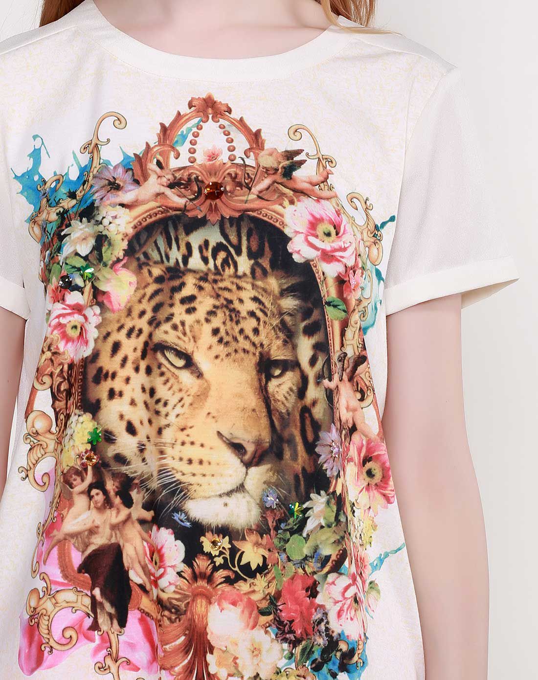 白色豹头图腾个性印花t恤