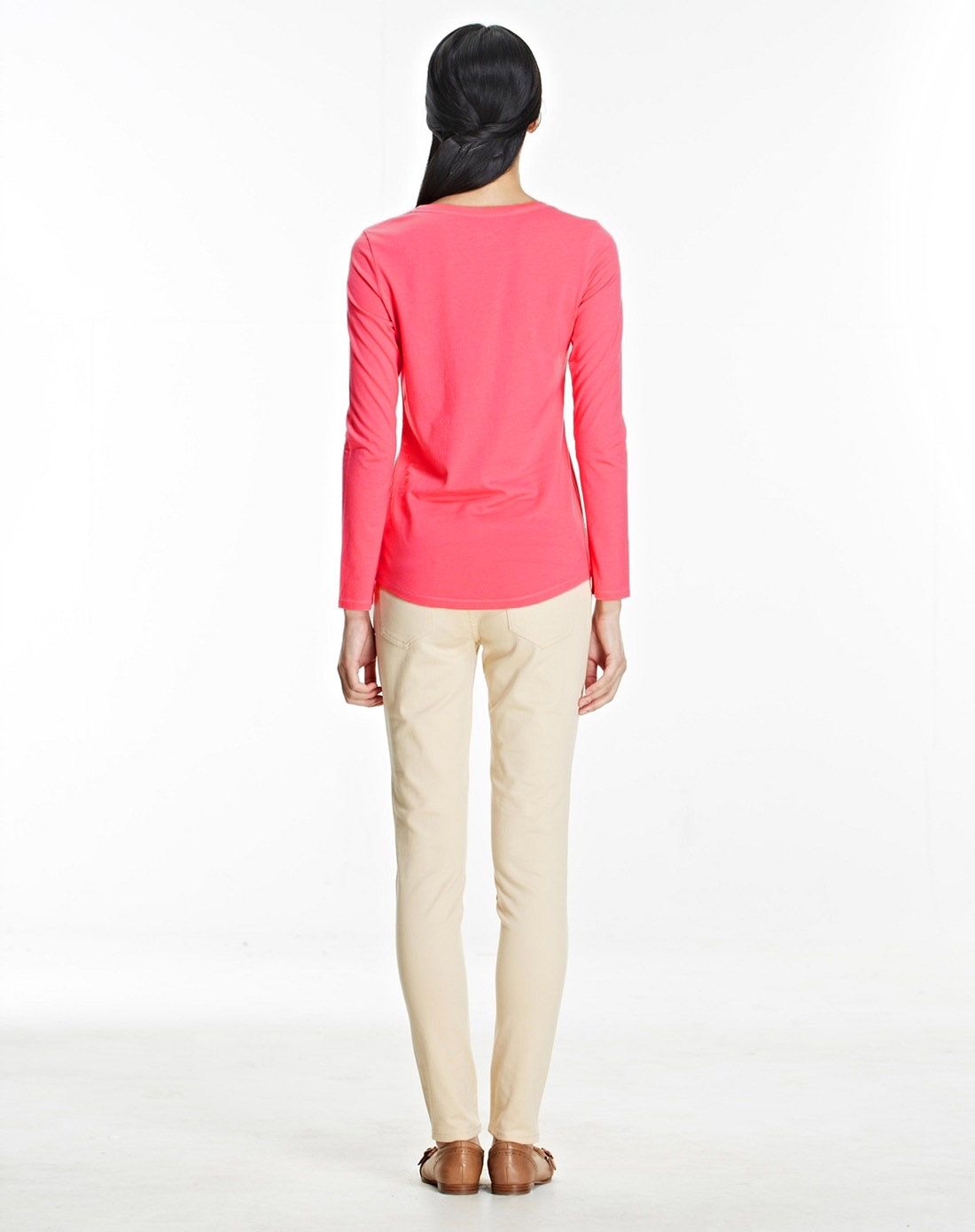 山茶红色莫代尔棉亨利领纯色长袖t恤