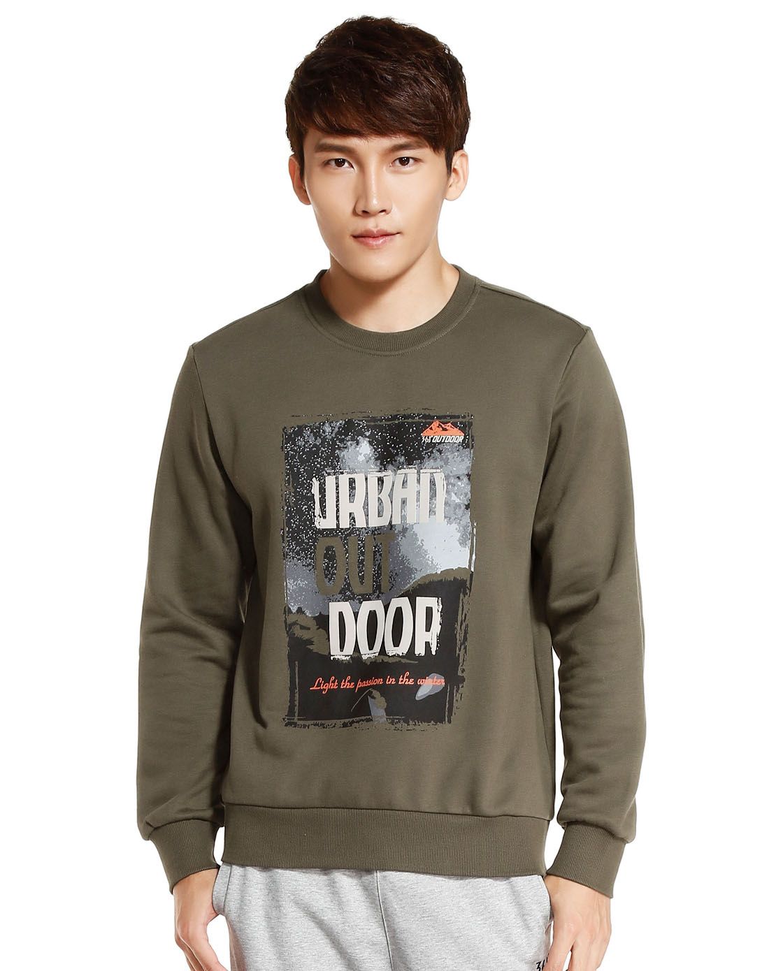 柔软印图 男款深卡其绿色长袖卫衣