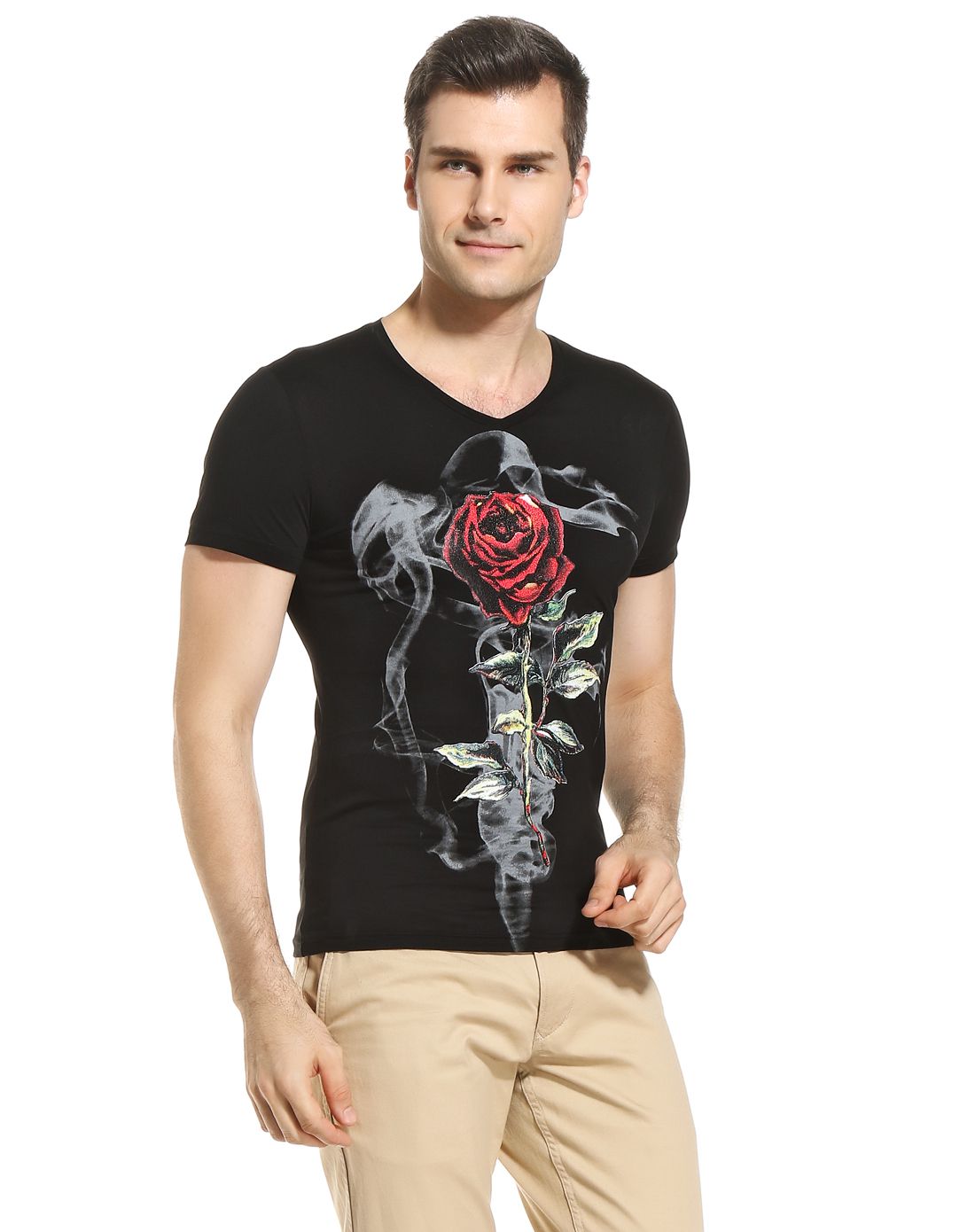法利德fapailead男装专场 黑色玫瑰花图案短袖t恤