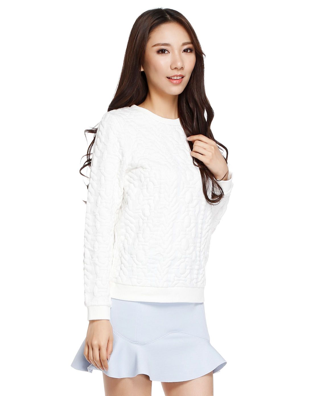 etam白色休闲简洁圆领长袖t恤015012805486_唯品会