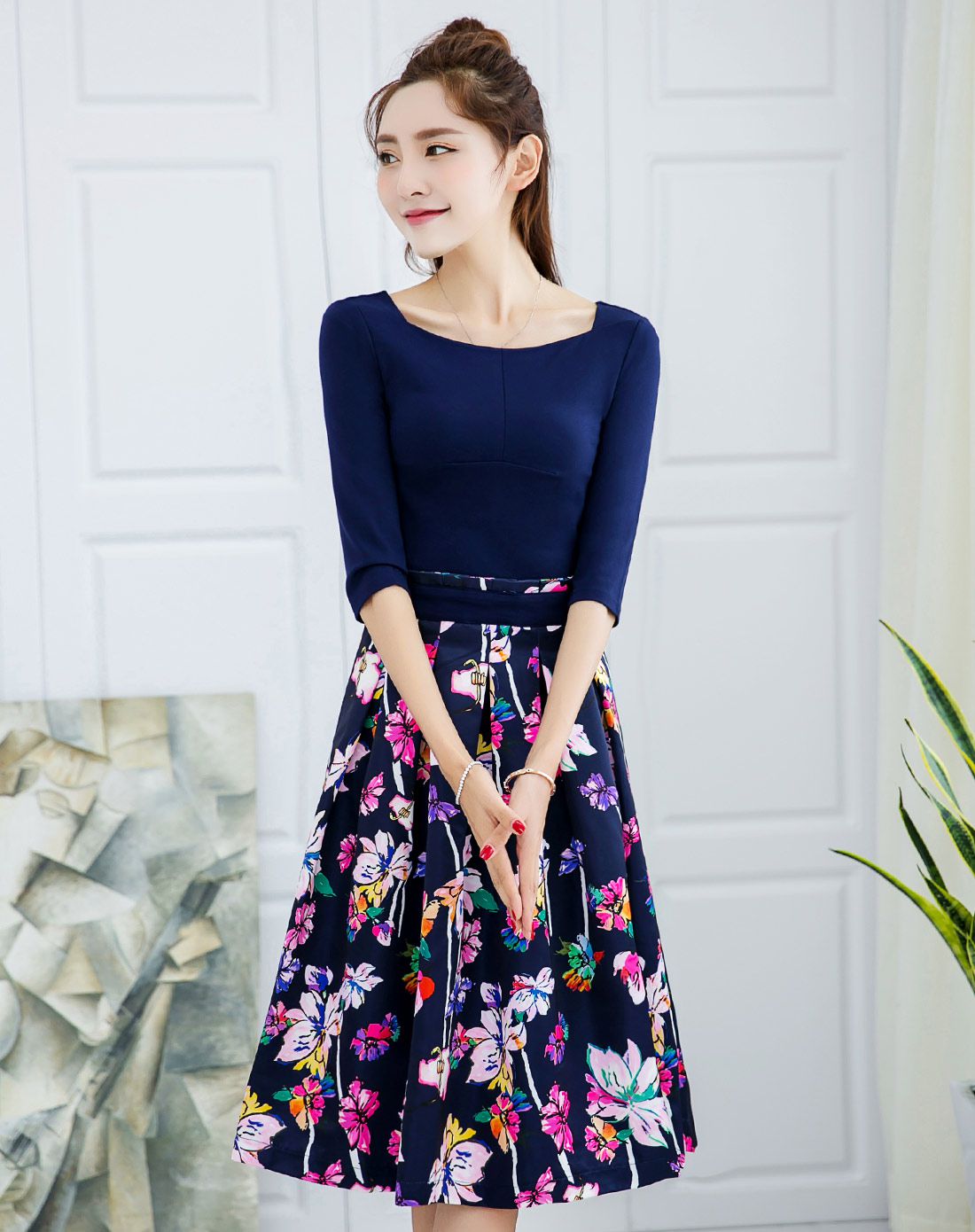 女款蓝紫色调拼接式长裙连衣裙