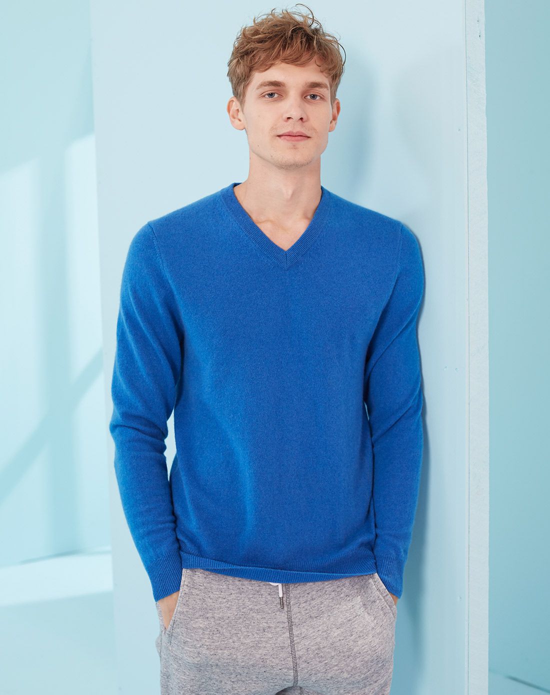 勒夫蓝纯山羊绒百搭打底v领男套衫