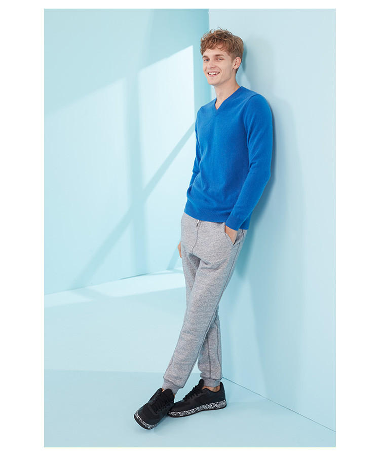 勒夫蓝纯山羊绒百搭打底v领男套衫