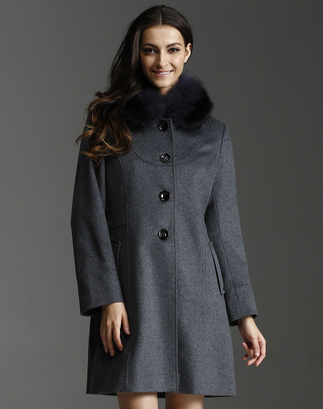 红莲honglian羊绒女装专场 女式烟灰色羊绒大衣