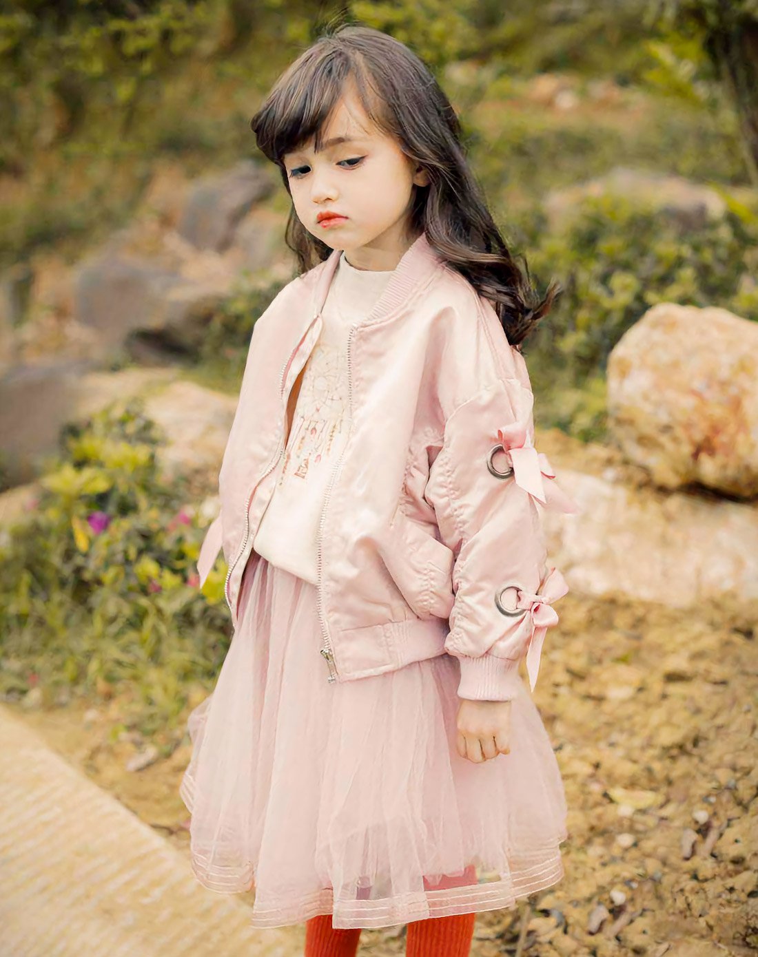 秋上新-法国js轻奢小公主女童缎面蝴蝶结机车夹克js172jk002701_唯品