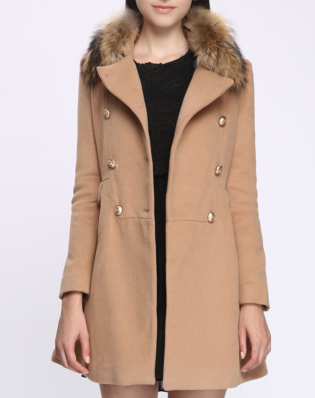 驼色大毛领双排扣x型毛呢大衣