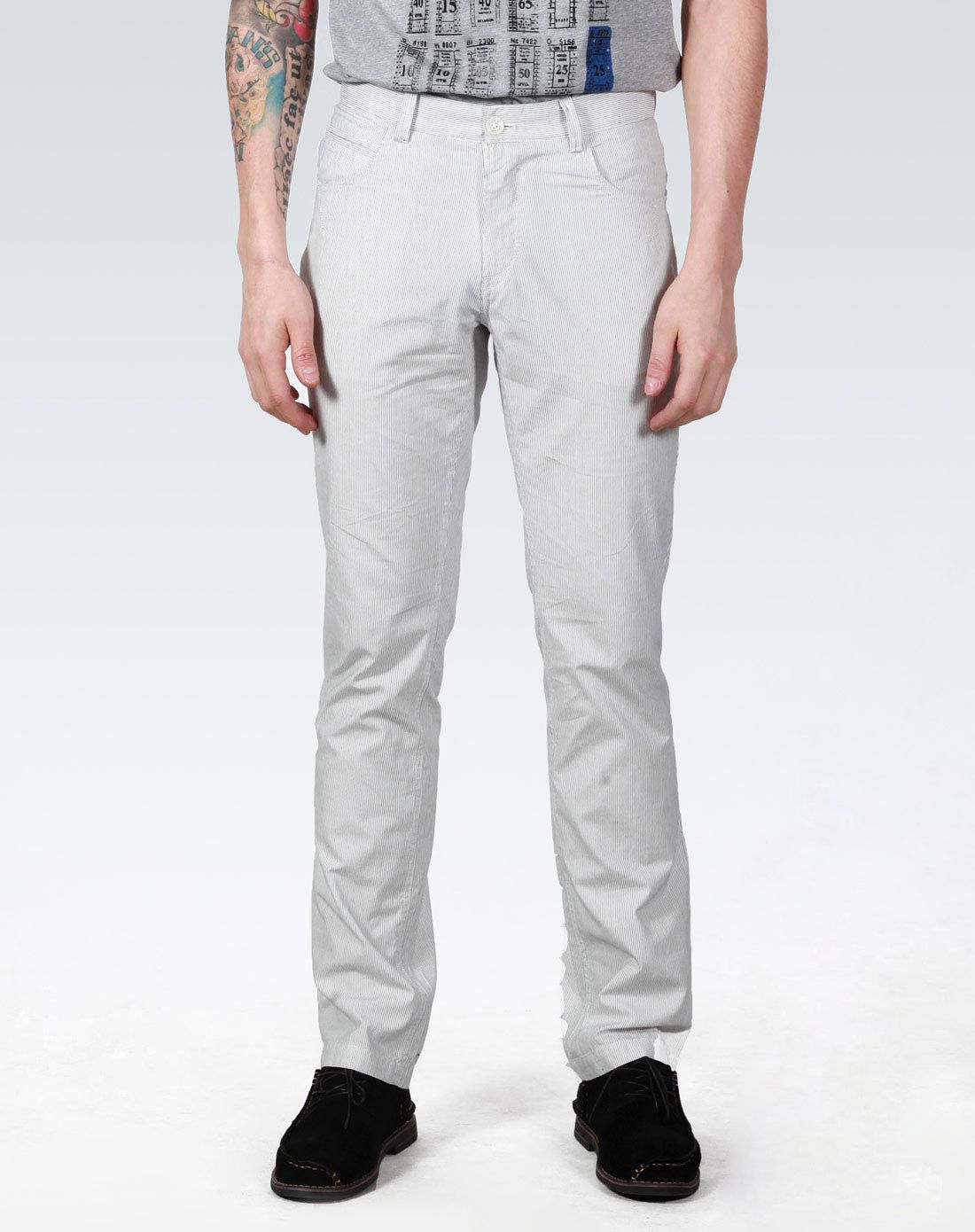 经典白色竖纹直筒休闲长裤
