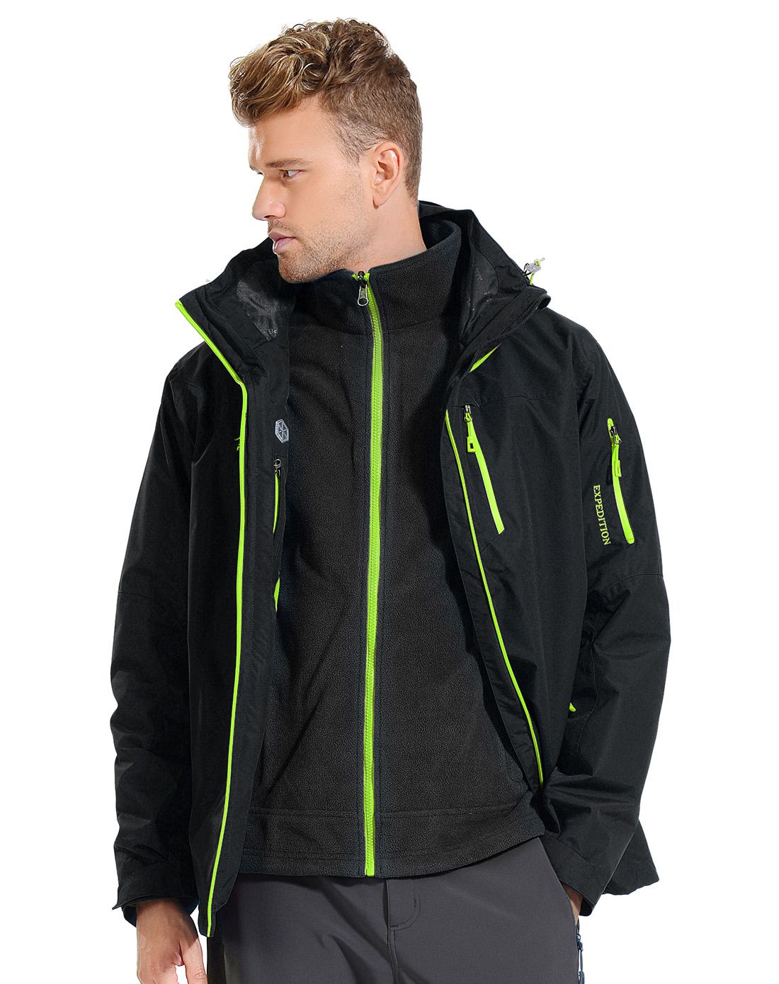 巅峰系列无缝全压胶 男款黑色两件套三穿冲锋衣